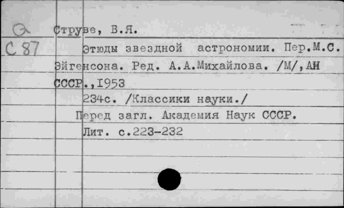 ﻿	;туу	ве, В.Я.
С 87		Этюды звездной астрономии. Пер.М.С.
	Эйге	неона. Ред. А.А.Михайлова. /М/,АН
1	'ССР	♦,1953
		234с. /Классики науки./
	п	еред загл. Академия Наук СССР.
		Лит. с.223-232
		
		
		
		